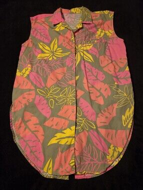 True Vtg 80s Sleeveless Oversized Long Tropical Button-Front Shirt Tunic